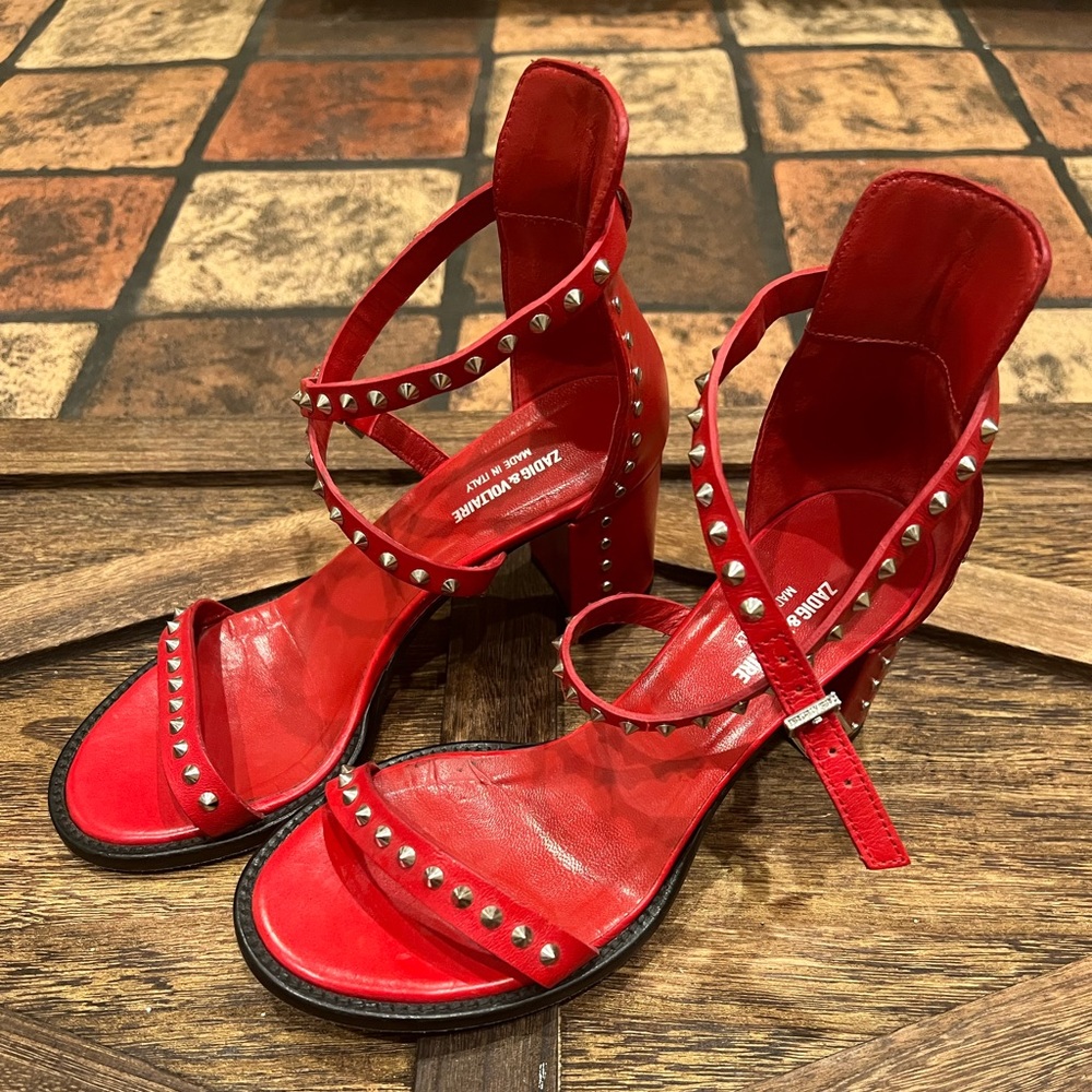 Zadig & Voltaire red open toe studded heels